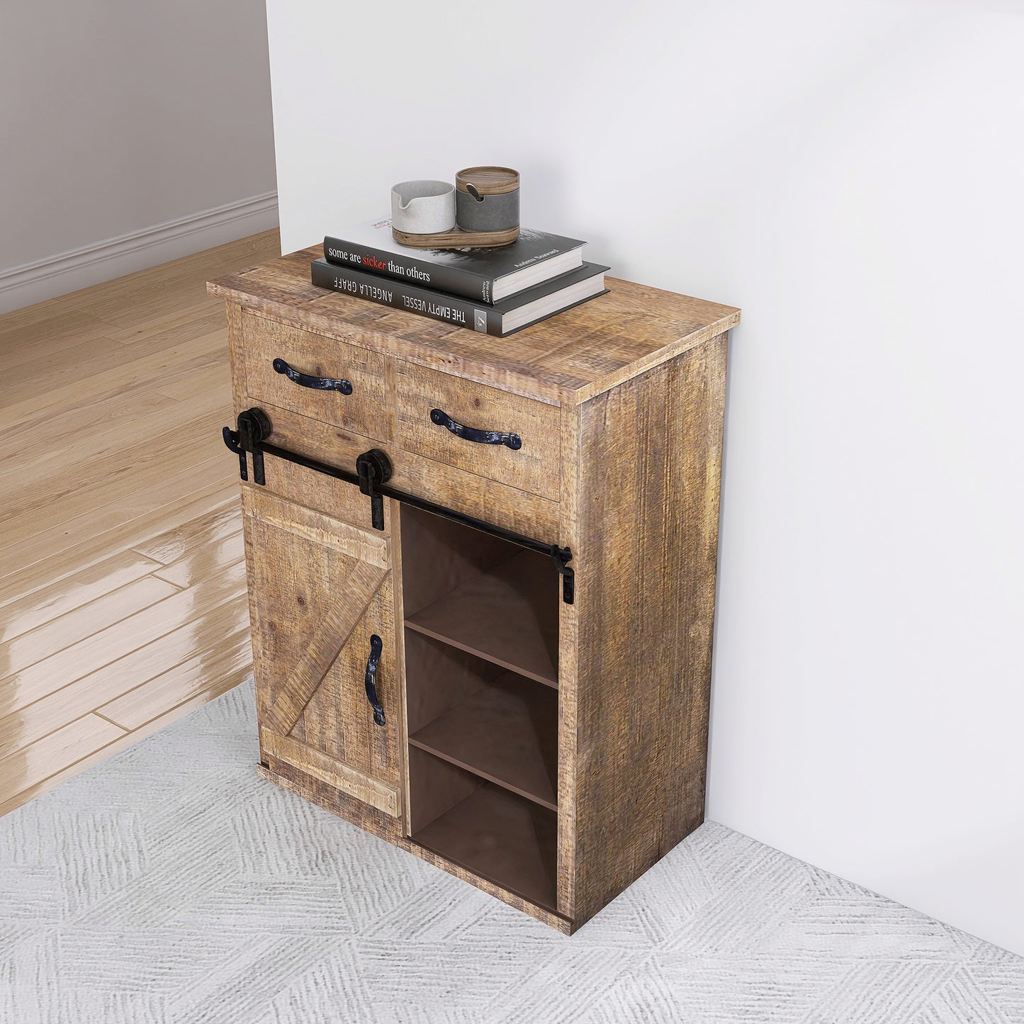 Wood and Metal Farmhouse Sliding Barn Door Accent Cabinet