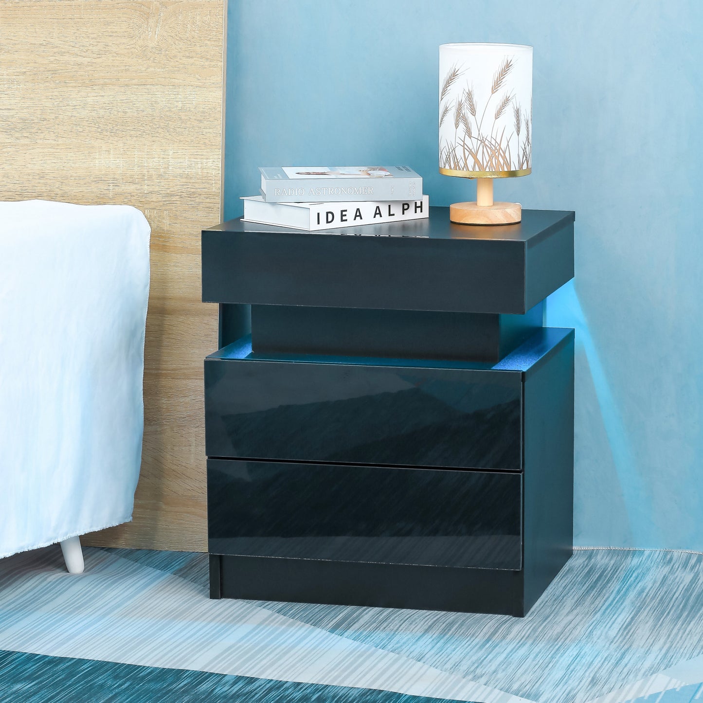 Modern Wood Black Nightstand with LED Light