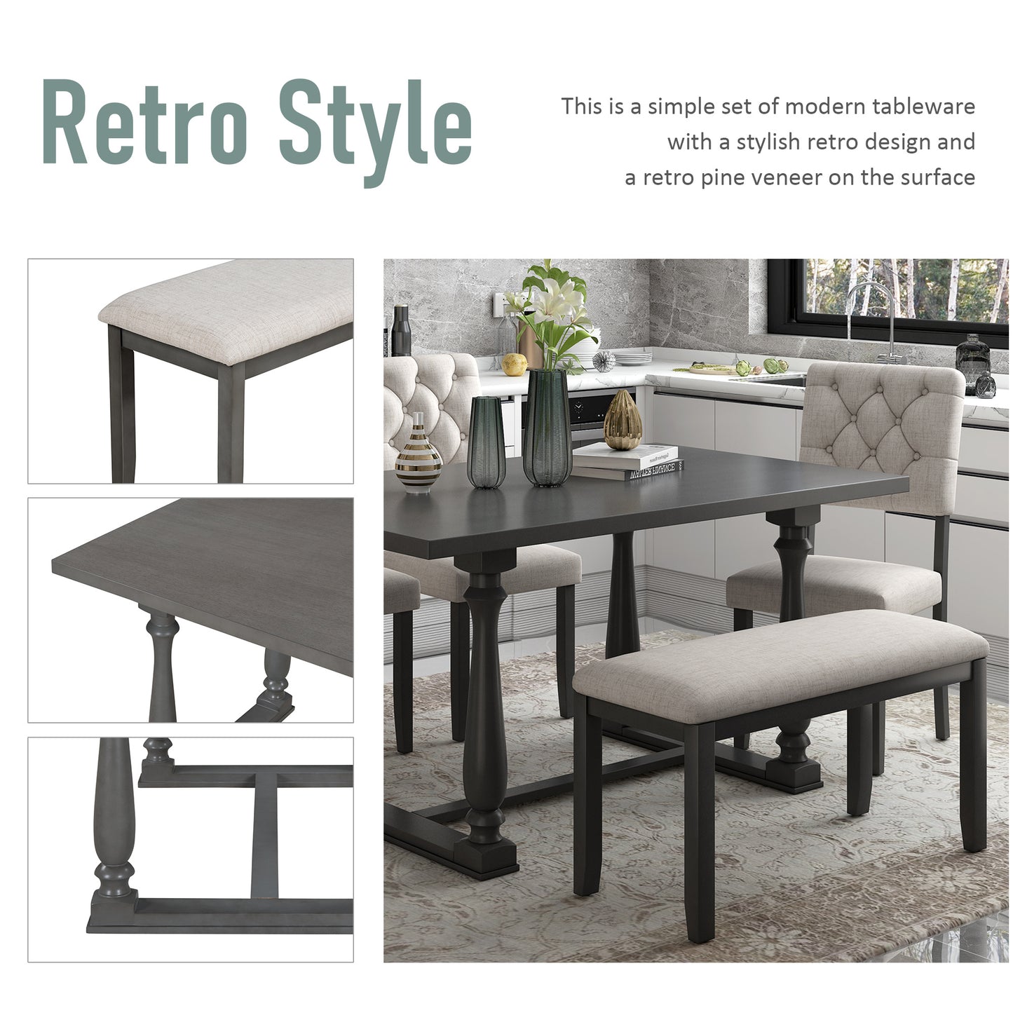 Dining Table and Chair Set with Special-shaped Legs and Foam-covered Seat Backs & Cushions