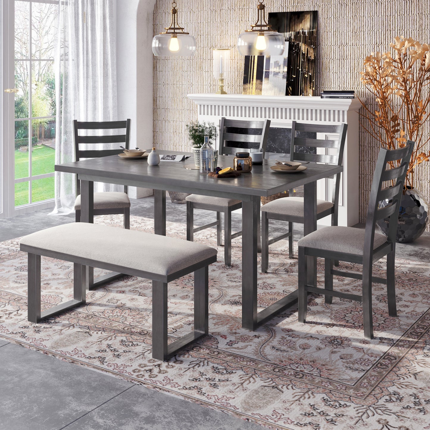 Wood Dining Room Set with Rectangular Table & 4 Chairs with Bench