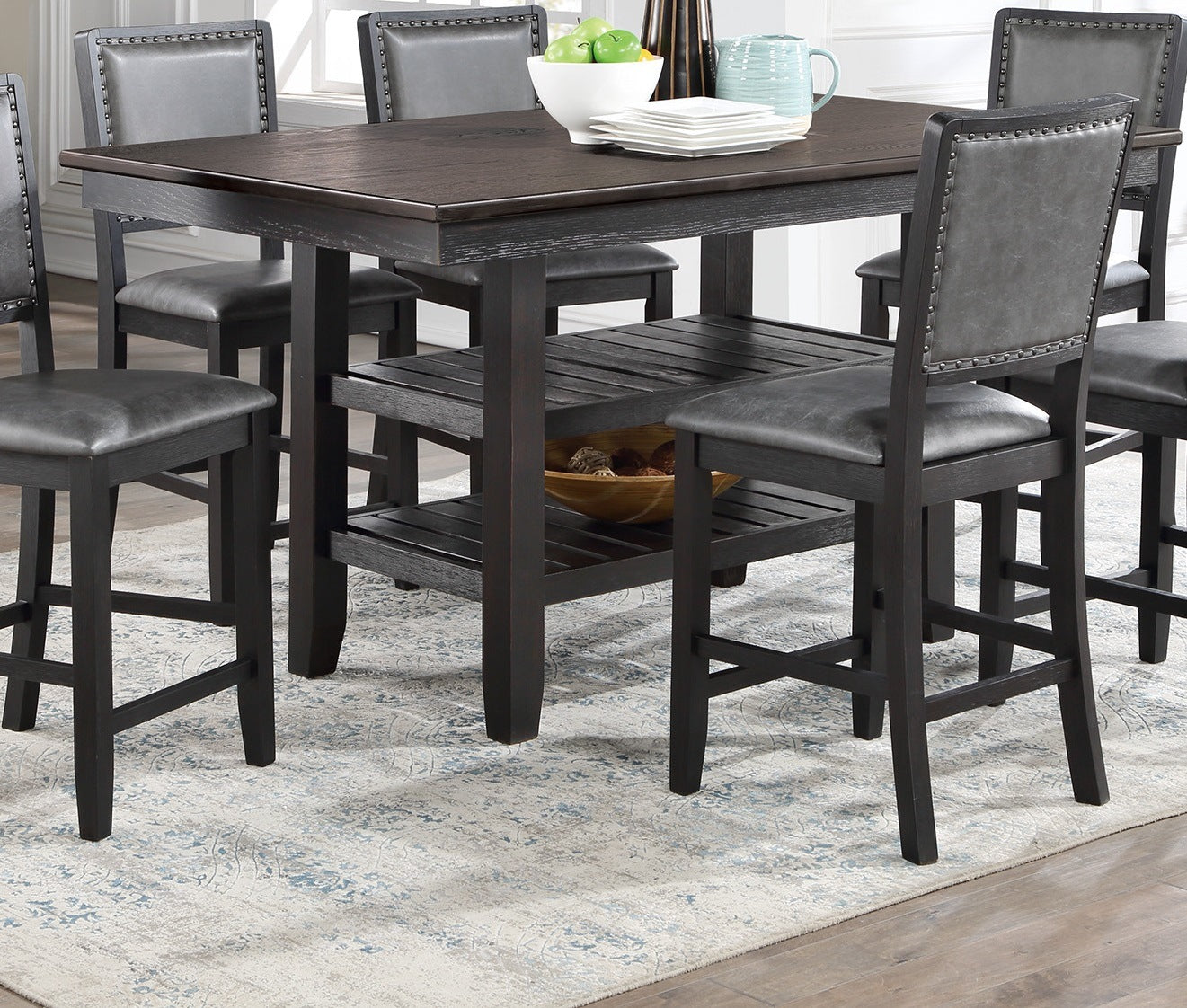 Dark Coffee Finish dining table w 2x Storage Shelves