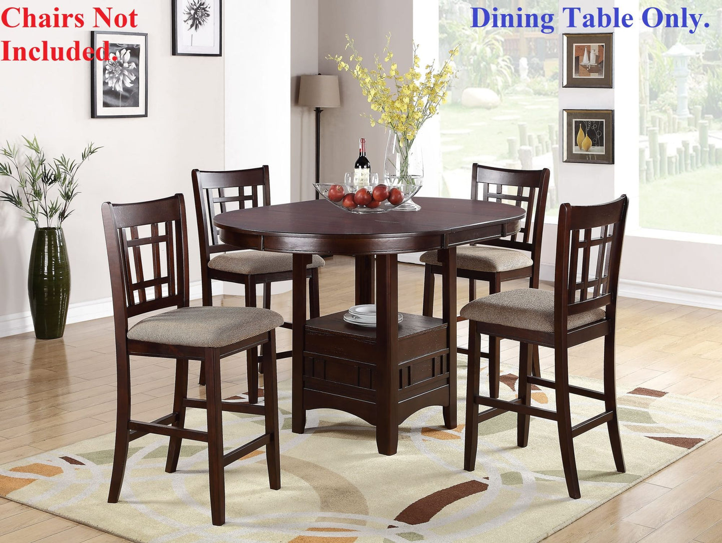 Dining Table w Shelve and Solid wood Dark Rosy Brown Finish