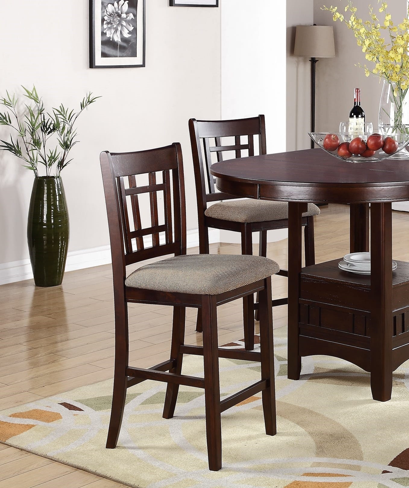 Dining Table w Shelve and Solid wood Dark Rosy Brown Finish