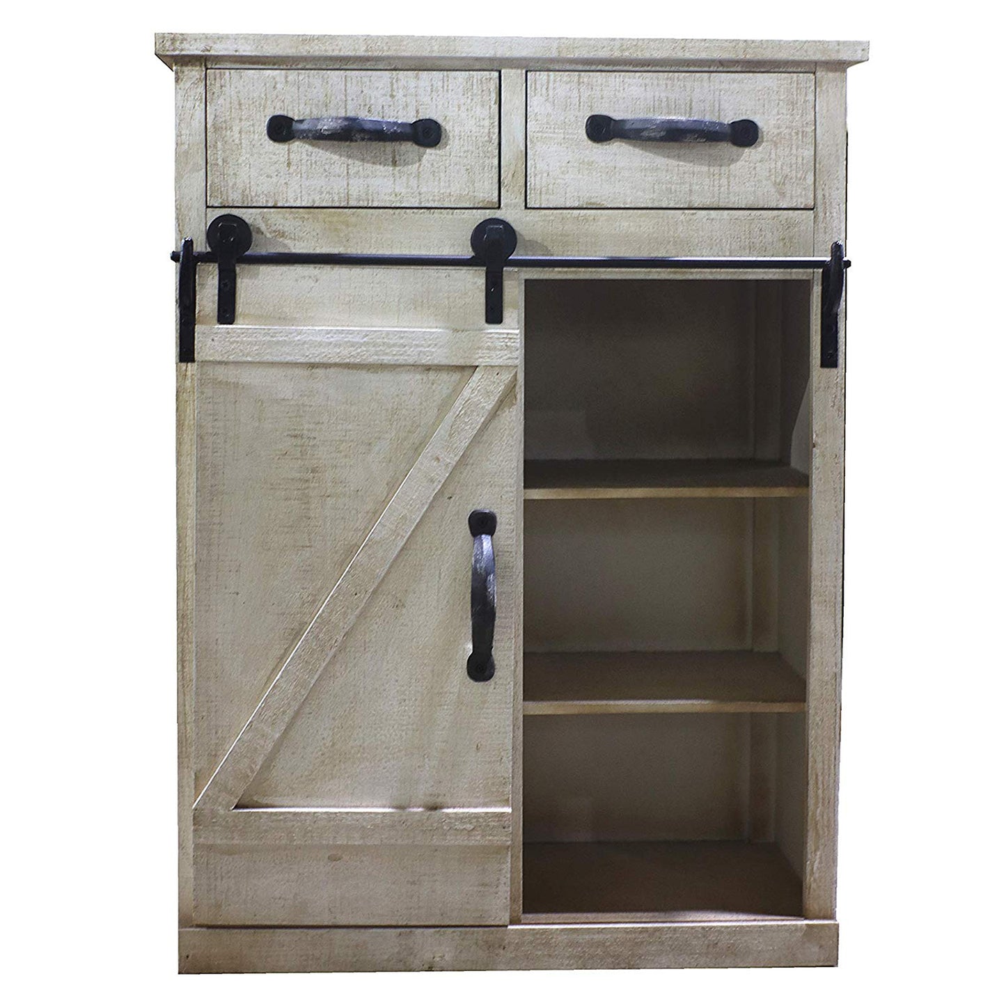 Wood and Metal Farmhouse Sliding Barn Door Accent Cabinet