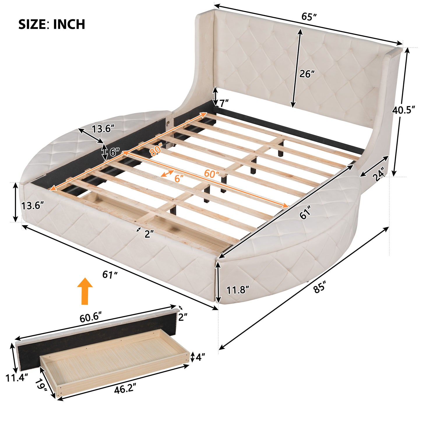 Queen Velvet Bed 1 Big Drawer; 2 Side Storage Stool