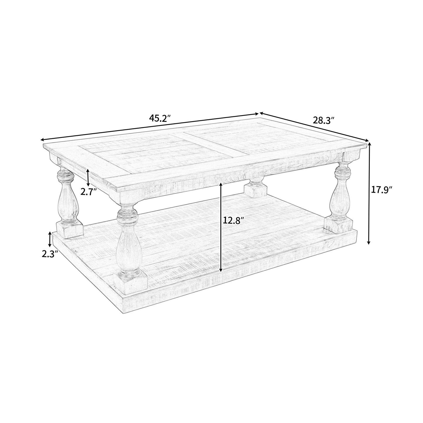 Rustic Floor Shelf Coffee Table with solid pine wood