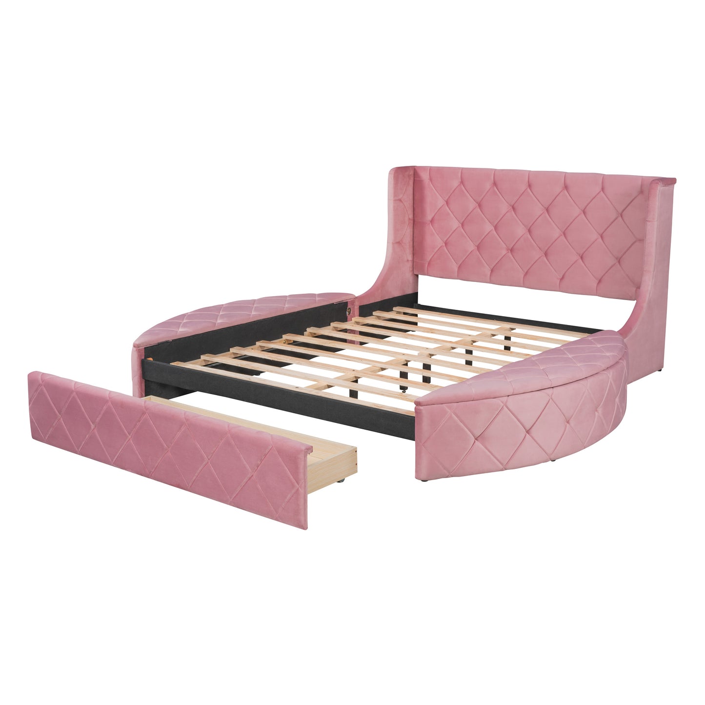 Queen Velvet Bed 1 Big Drawer; 2 Side Storage Stool