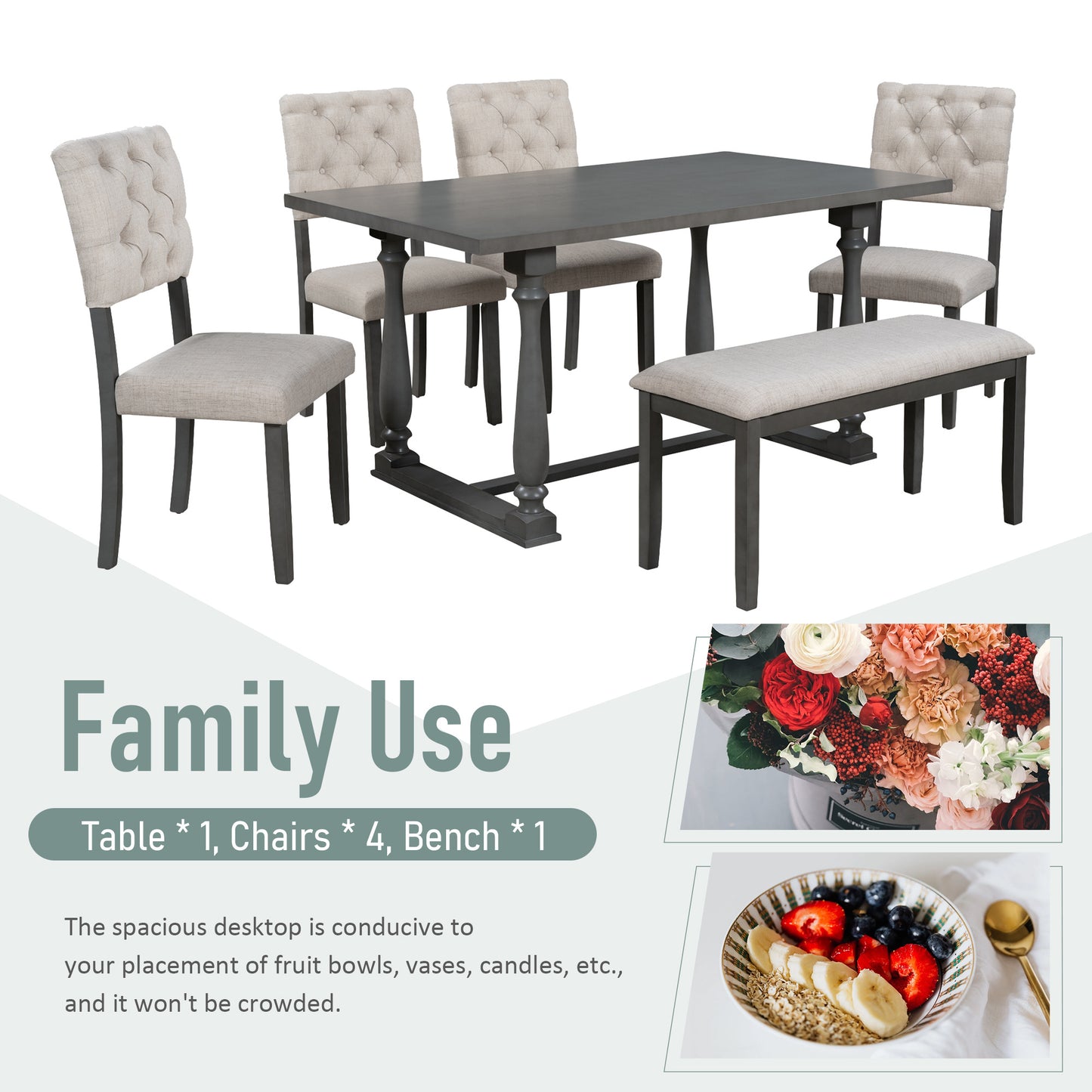 Dining Table and Chair Set with Special-shaped Legs and Foam-covered Seat Backs & Cushions