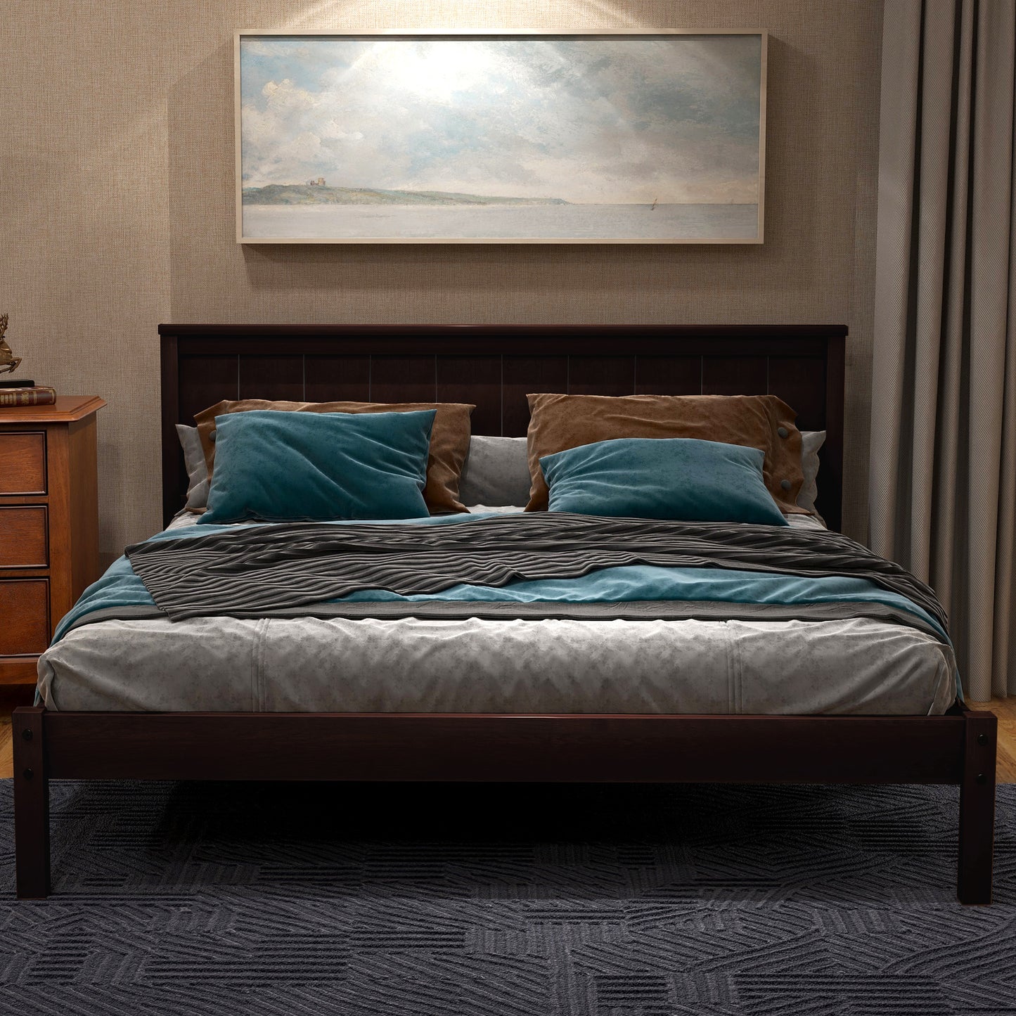 Platform Bed Frame with Headboard and Wood Slat Support