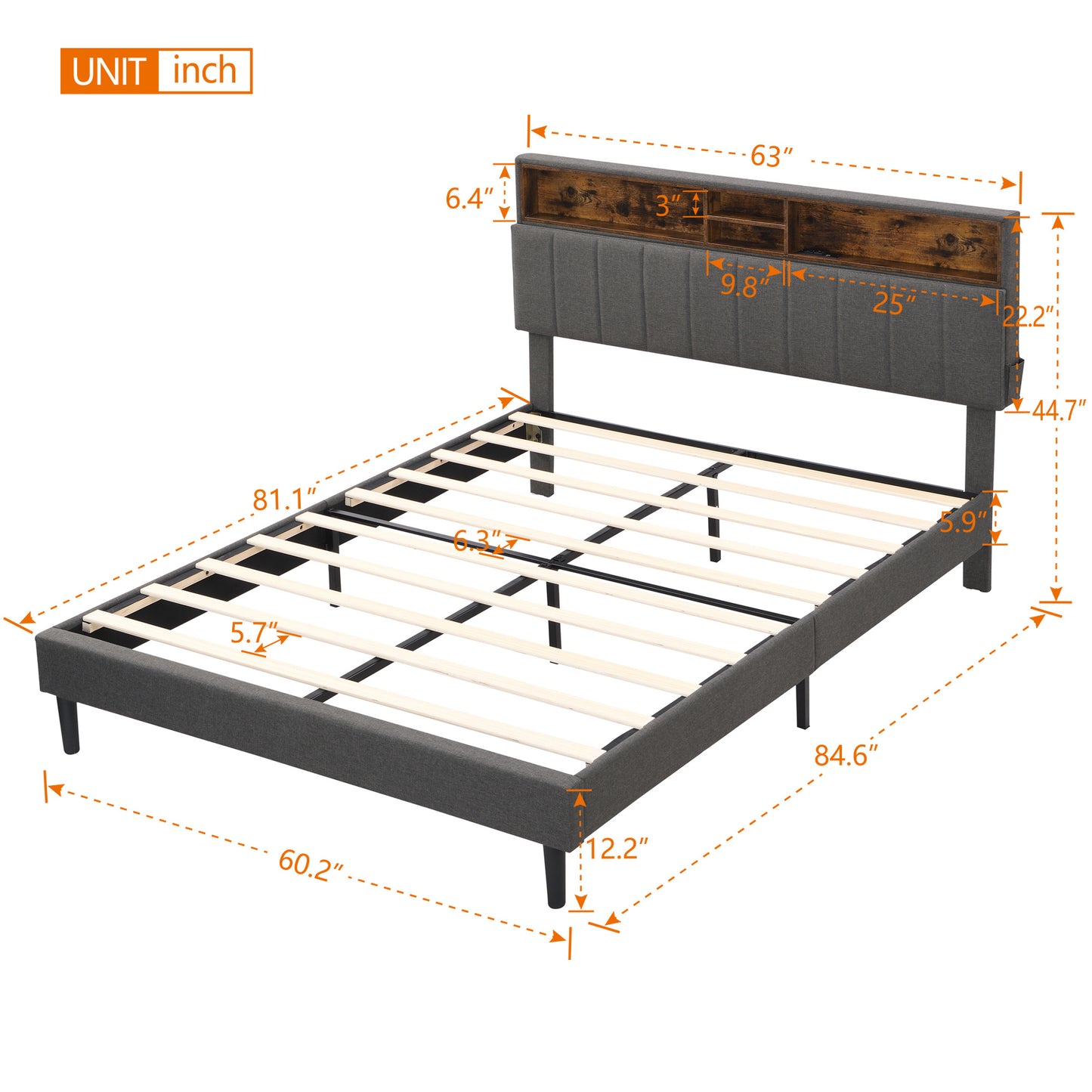 Queen Size Storage Headboard and USB Port bed frame