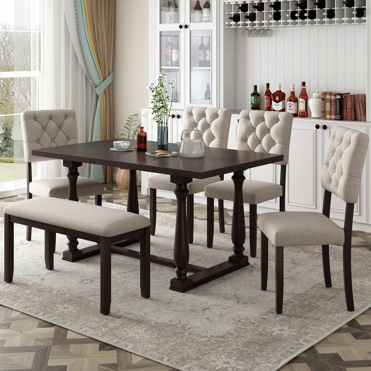 Dining Table and Chair Set with Special-shaped Legs and Foam-covered Seat Backs & Cushions