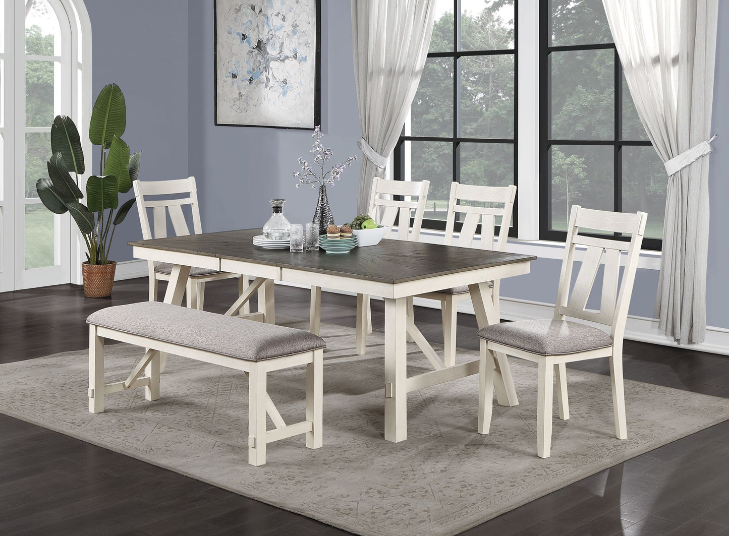 White Finish w Grey Wooden Top dining table