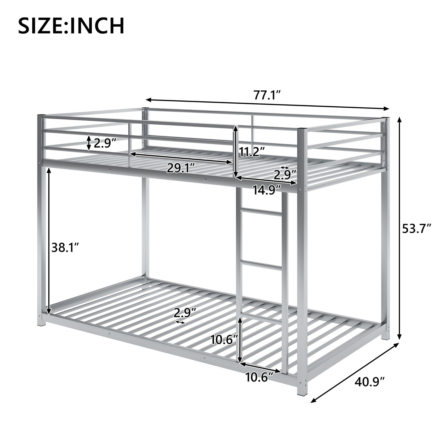 Twin over Twin Metal Bunk Bed; Silver