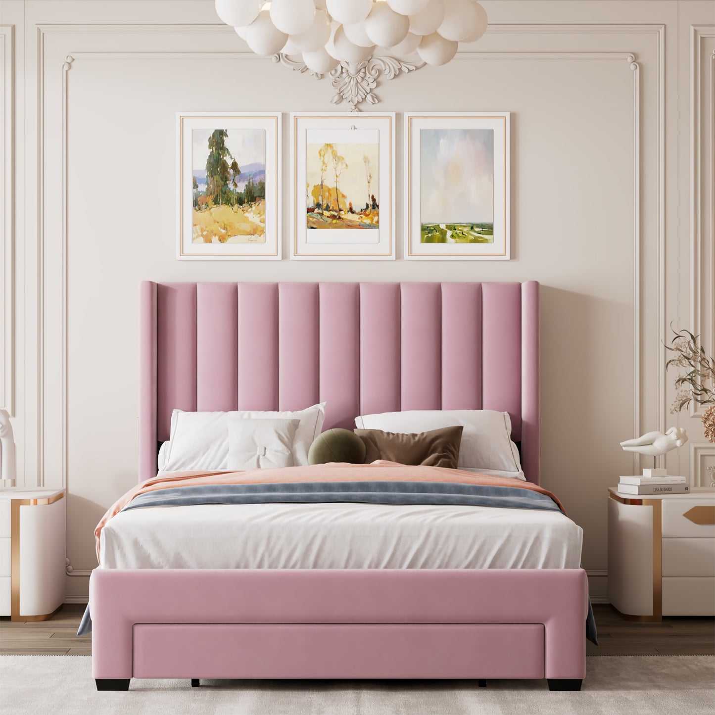 Full Size Storage Bed Velvet  Pink